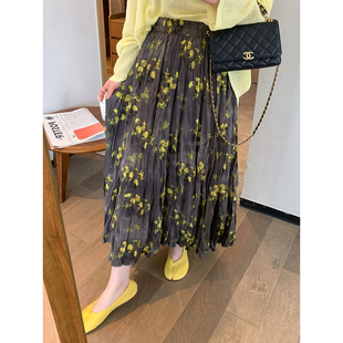 爱情魔鬼鱼 复古扎染碎花半身裙女2026春季新款显瘦A字百褶裙长裙