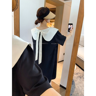 新款 愛情魔鬼魚 黑色娃娃領短袖 連衣裙女2025年夏季 顯瘦中長T恤裙