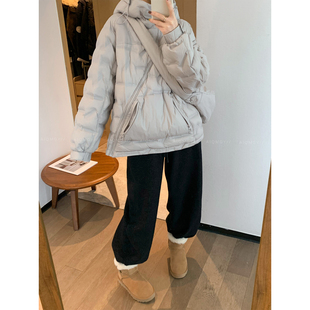 爱情魔鬼鱼 灰色连帽加厚羽绒服女2025冬季新款宽松休闲保暖外套