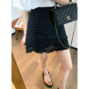 爱情魔鬼鱼 黑色复古波点木耳边半身裙女2026夏季新款显瘦A字短裙