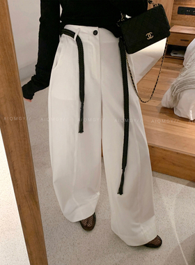 爱情魔鬼鱼 白色配编织腰绳休闲裤女2026春季新款宽松直筒阔腿裤