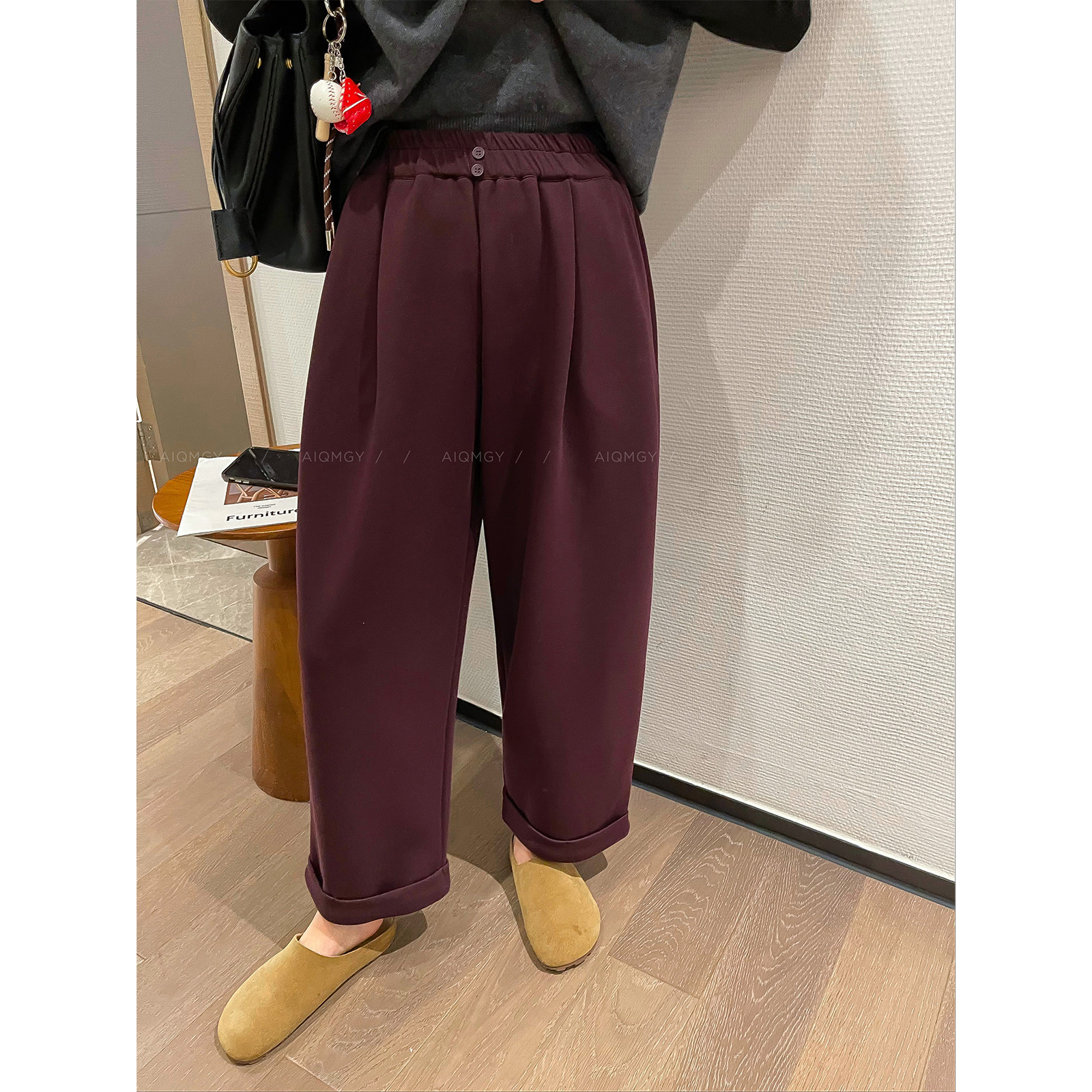爱情魔鬼鱼 紫红色高腰阔腿裤女2025秋冬新款宽松显瘦休闲九分裤,女装/女士精品,休闲裤,淘宝优惠券,粉丝福利购,淘宝优惠卷