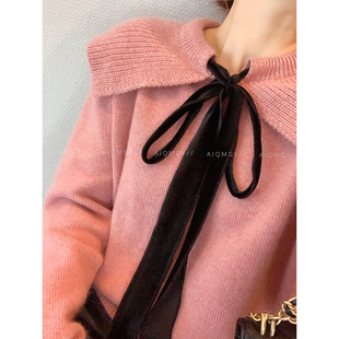 爱情魔鬼鱼 长袖翻领系带针织衫女2025冬季新款通勤减龄百搭上衣