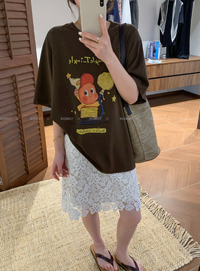 爱情魔鬼鱼 咖色短袖圆领卡通字母印花T恤女2026夏季新款宽松上衣