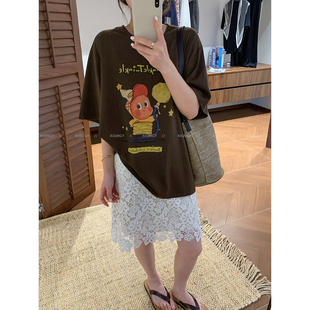 爱情魔鬼鱼 咖色短袖圆领卡通字母印花T恤女2026夏季新款宽松上衣
