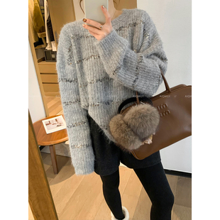 毛衣女2025年冬季 条纹加厚针织衫 宽松上衣 设计感长袖 爱情魔鬼鱼