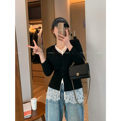 爱情魔鬼鱼 黑色V领蕾丝拼接针织开衫女2025年秋冬新款假两件上衣