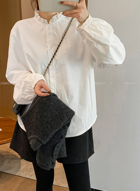 爱情魔鬼鱼 白色长袖花边领衬衫女2025冬季新款通勤加绒打底上衣