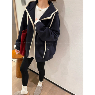 爱情魔鬼鱼 藏蓝色撞色连帽卫衣外套女2025秋冬新款宽松显瘦上衣