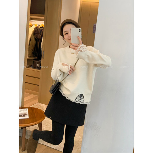 爱情魔鬼鱼糯米绒蕾丝针织衫