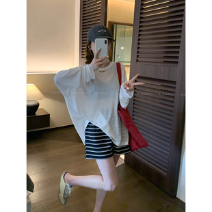 爱情魔鬼鱼 白色圆领长袖微透T恤女2026夏季新款宽松纯色百搭上衣