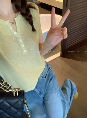 爱情魔鬼鱼 纯色短袖半开领条纹针织T恤女2026年夏季新款通勤上衣