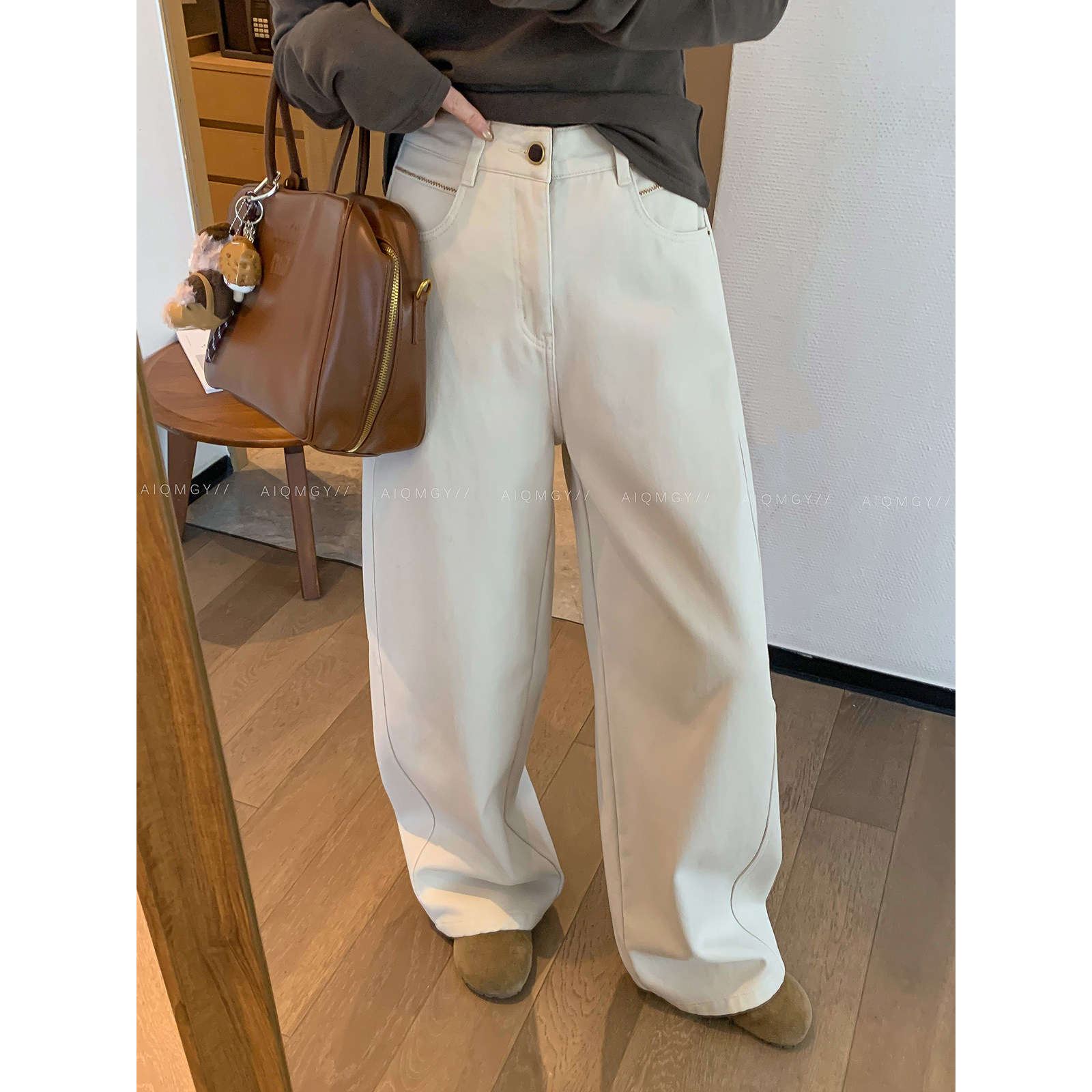 爱情魔鬼鱼 杏色加绒牛仔裤女2025冬季新款高腰宽松休闲阔腿长裤,女装/女士精品,牛仔裤,淘宝优惠券,粉丝福利购,淘宝优惠卷