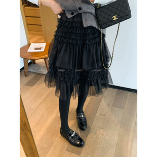 爱情魔鬼鱼 黑色时尚网纱蓬蓬蛋糕裙女2026春季新款宽松中长裙子