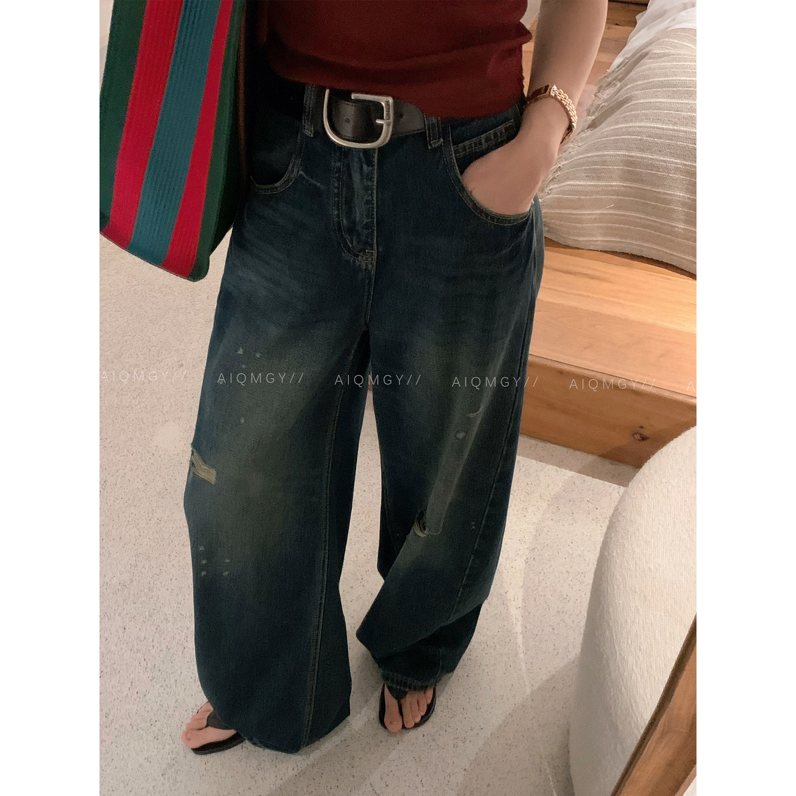 爱情魔鬼鱼 设计感宽松破洞牛仔裤女2025秋冬新款高腰直筒阔腿裤,女装/女士精品,牛仔裤,淘宝优惠券,粉丝福利购,淘宝优惠卷
