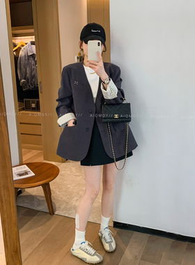 爱情魔鬼鱼 深灰色V领西装外套女2026春季新款高级感宽松西服上衣