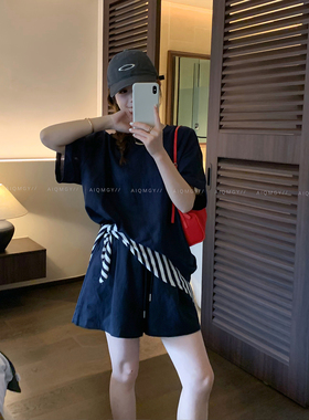 爱情魔鬼鱼 休闲套装女2026夏季条纹披肩短袖上衣阔腿短裤三件套