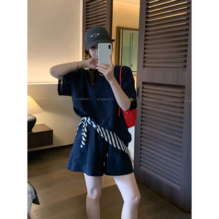 爱情魔鬼鱼 休闲套装女2026夏季条纹披肩短袖上衣阔腿短裤三件套