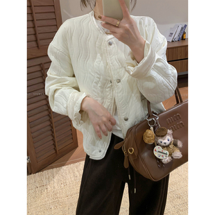 爱情魔鬼鱼 米白色圆领加厚夹棉外套女2026秋冬新款夹克棉服上衣
