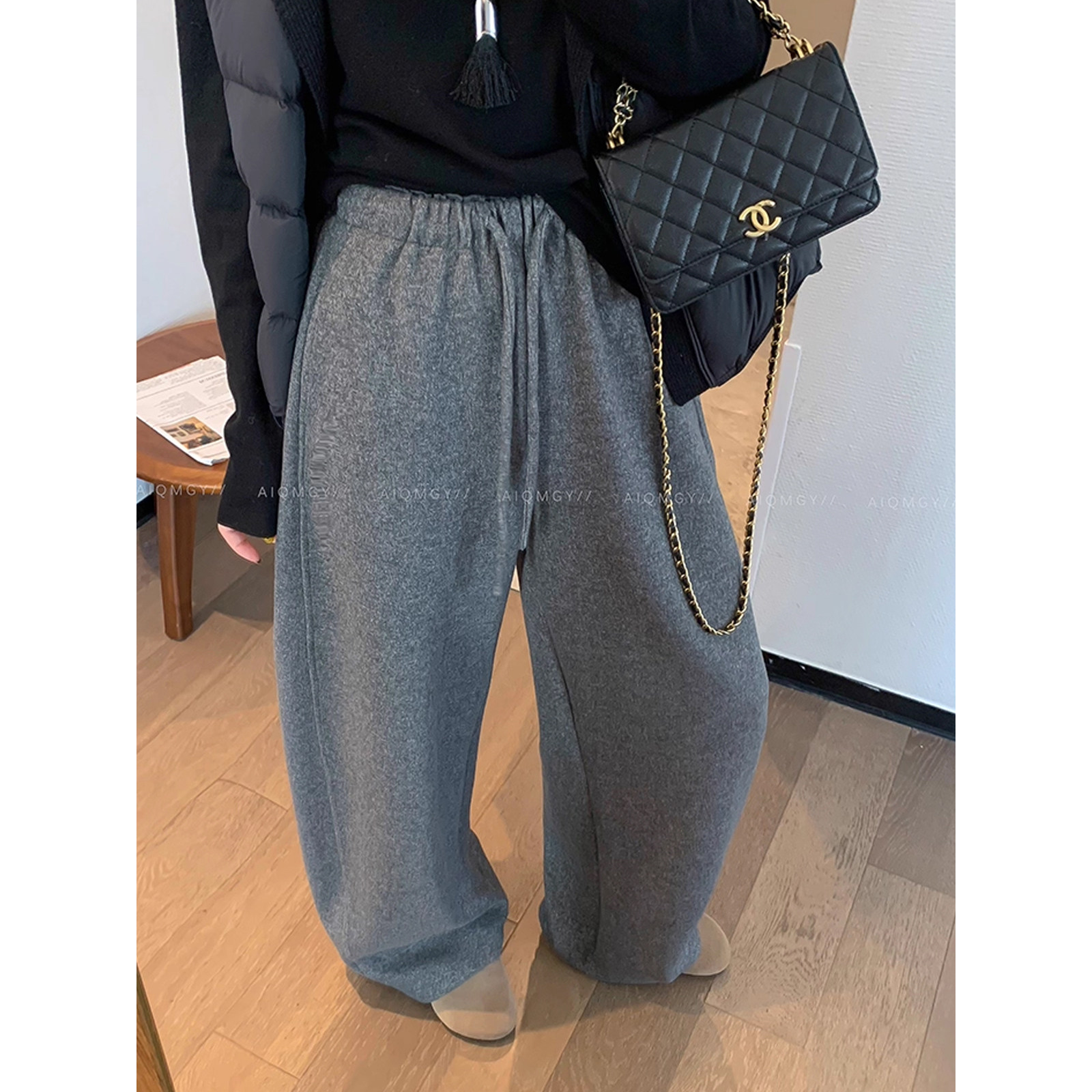 爱情魔鬼鱼 黑灰色抽绳高腰休闲裤女2025秋冬新款羊毛天丝阔腿裤,女装/女士精品,休闲裤,淘宝优惠券,粉丝福利购,淘宝优惠卷