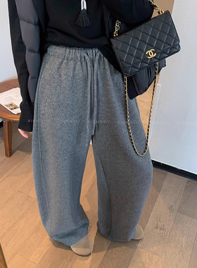 爱情魔鬼鱼 黑灰色抽绳高腰休闲裤女2026春季新款羊毛天丝阔腿裤