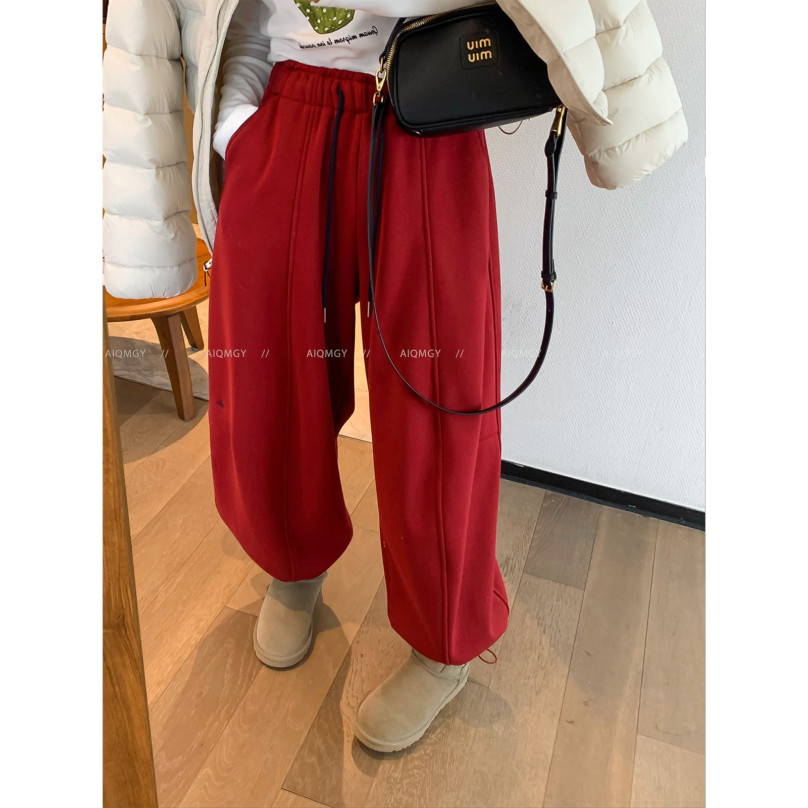 爱情魔鬼鱼 红色松紧腰抽绳休闲卫裤女2025冬季束脚阔腿两穿长裤,女装/女士精品,休闲裤,淘宝优惠券,粉丝福利购,淘宝优惠卷