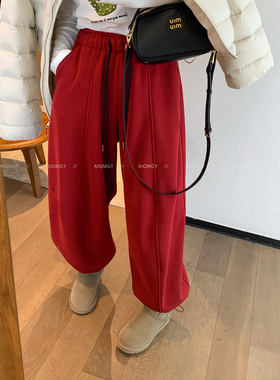 爱情魔鬼鱼 红色松紧腰抽绳休闲卫裤女2025冬季束脚阔腿两穿长裤