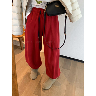 爱情魔鬼鱼 红色松紧腰抽绳休闲卫裤女2025冬季束脚阔腿两穿长裤