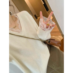 爱情魔鬼鱼 米白色V领蕾丝拼接毛衣女2025年秋冬新款宽松羊毛上衣