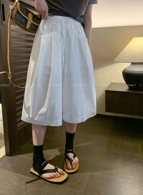 爱情魔鬼鱼 白色高腰抽绳休闲裤女2026夏季新款宽松七分裤阔腿裤