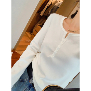 时尚 爱情魔鬼鱼 新款 半开领T恤女2026年春季 百搭收腰上衣 纯色长袖