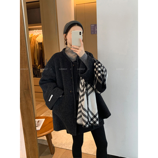 爱情魔鬼鱼 黑灰色中长款毛呢大衣女2025年冬季新款宽松加厚外套