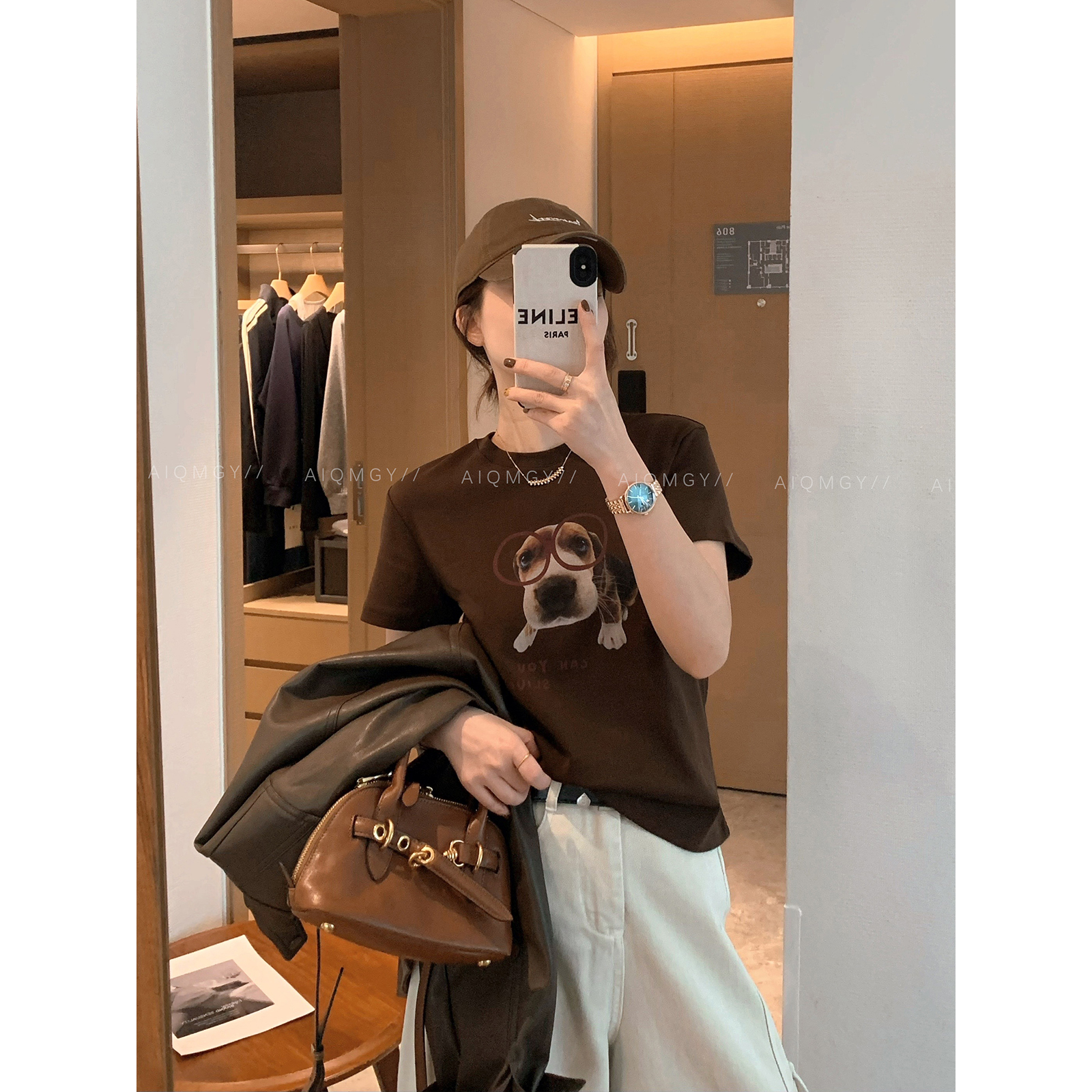 爱情魔鬼鱼 圆领短袖狗狗印花T恤女2025秋季新款宽松显瘦百搭上衣