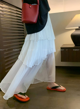 爱情魔鬼鱼 白色松紧腰拼接蛋糕裙半身裙女2026夏季气质宽松长裙
