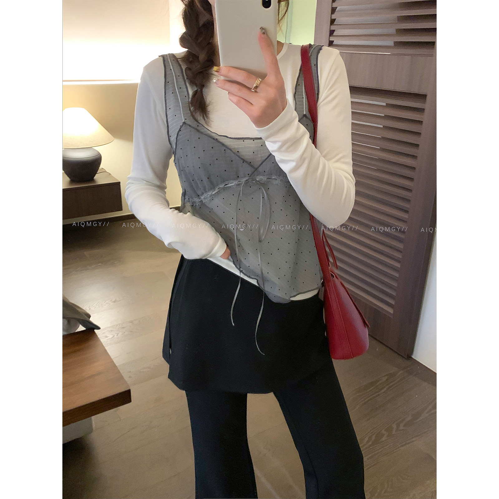 爱情魔鬼鱼 时尚两件套装女2026春季新款长袖圆领T恤网纱叠穿背心