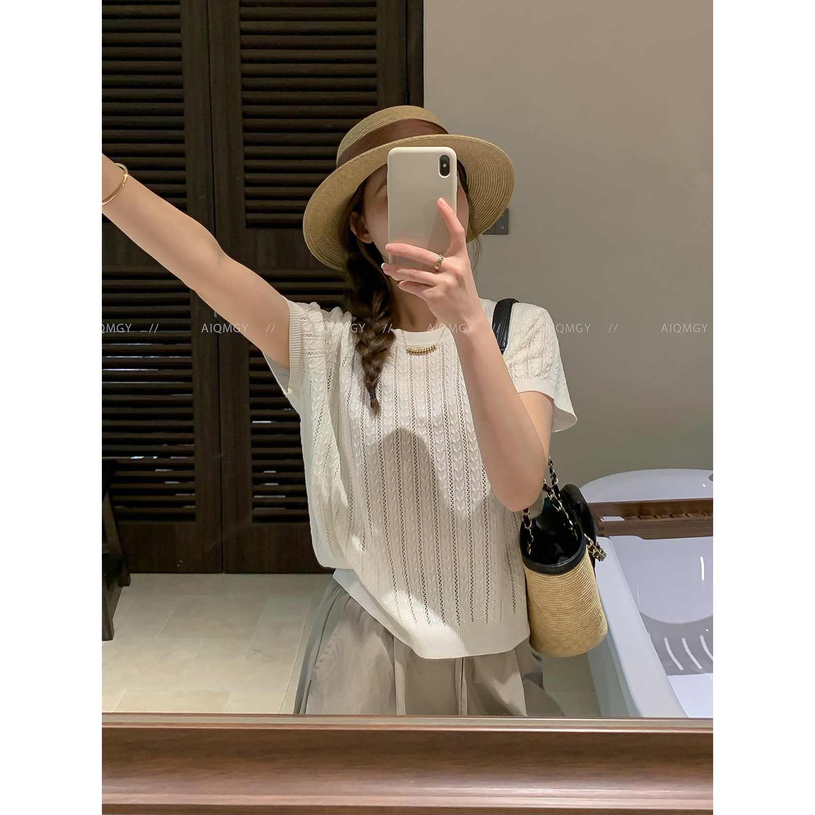 爱情魔鬼鱼 米白色短袖圆领针织T恤女2026年夏季新款通勤宽松上衣