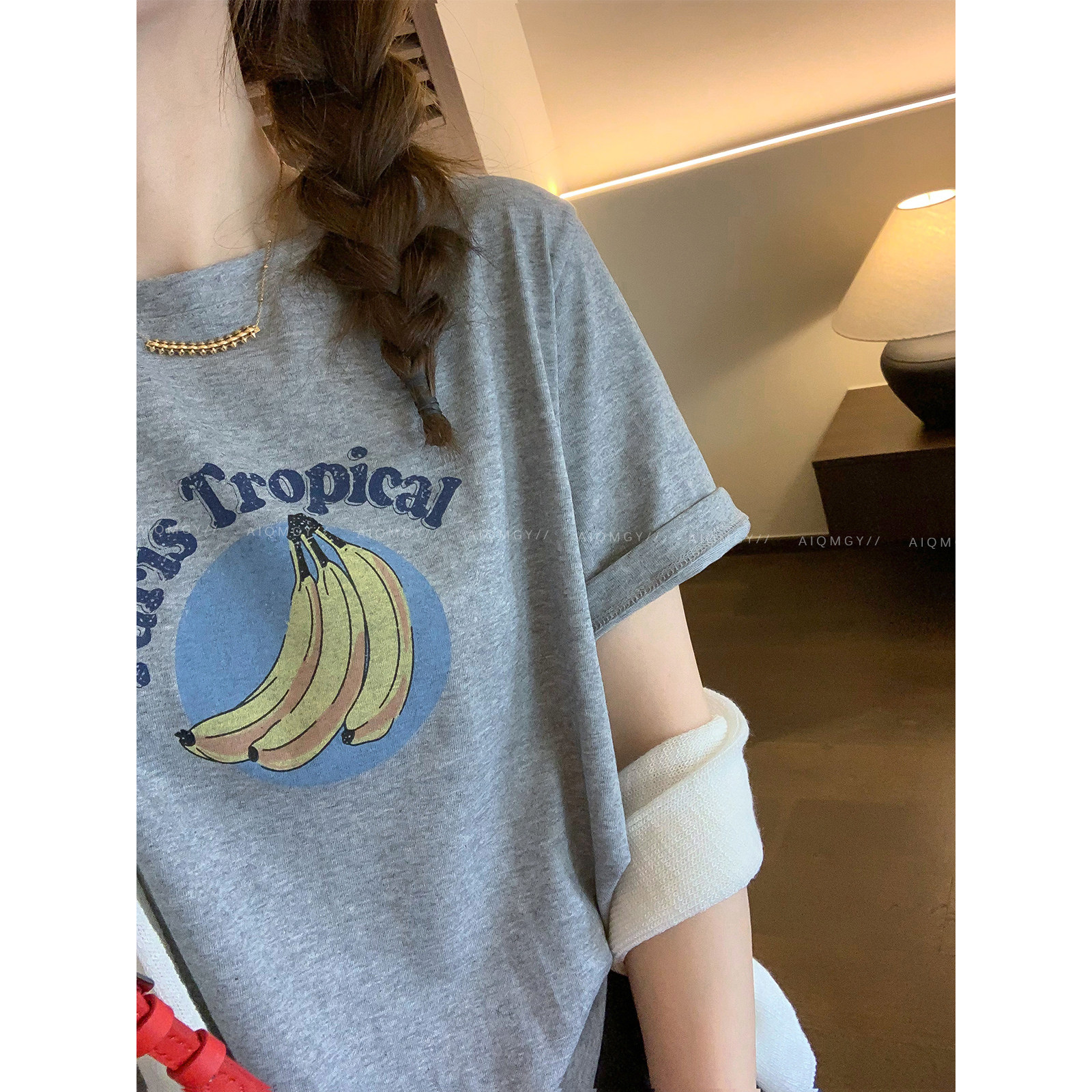 爱情魔鬼鱼 短袖圆领香蕉印花T恤女2026夏季新款时尚宽松显瘦上衣