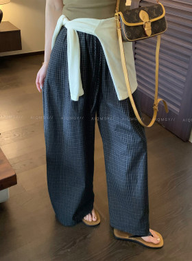 爱情魔鬼鱼松紧腰抽绳格子休闲裤