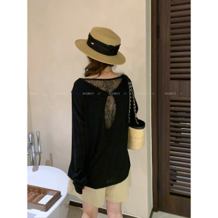 爱情魔鬼鱼 长袖设计感后背扭结蕾丝拼接T恤女2026年春夏新款上衣