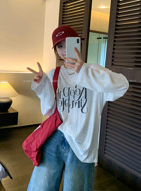 爱情魔鬼鱼 白色长袖圆领字母T恤女2026春季新款宽松显瘦百搭上衣
