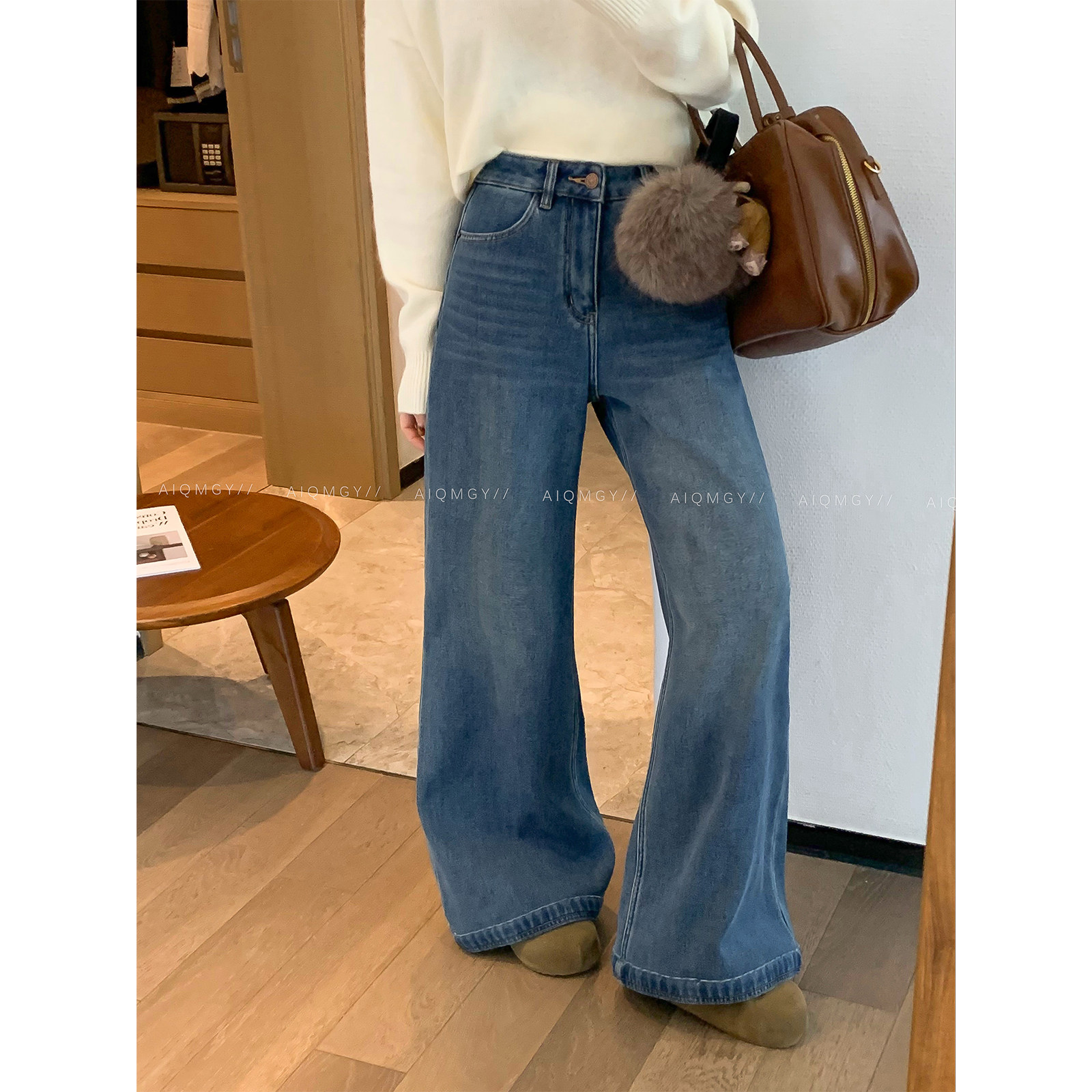 爱情魔鬼鱼 蓝色水洗牛仔裤女2025冬季新款高腰宽松显瘦阔腿长裤,女装/女士精品,牛仔裤,淘宝优惠券,粉丝福利购,淘宝优惠卷