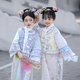古风长袖 女童汉服2025新款 旗袍套装 格服儿童新中式 女孩旗袍 国风格