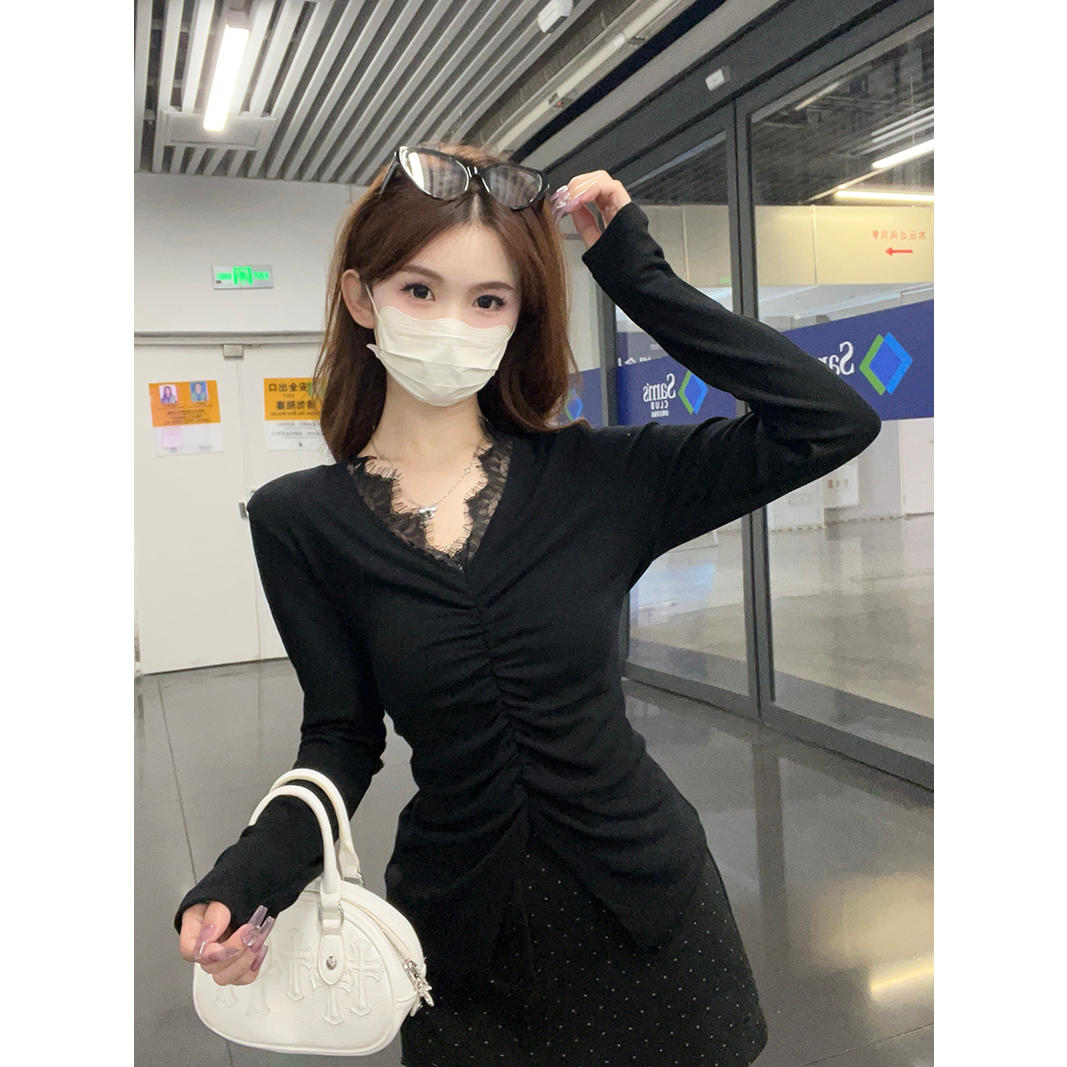 衣之派2025秋季新款胖mm大码女法式蕾丝边加绒加厚针织打底衫