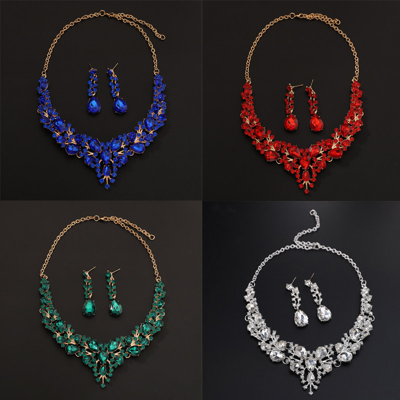 欧美奢华水钻项链耳环套装女满钻闪亮气质宴会新娘饰品结婚套链