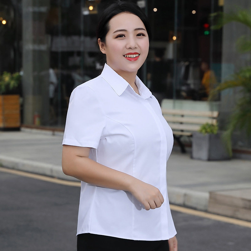 爆款加大码白色衬衫女微胖加肥宽松胖mm短袖夏季工装防走光长袖