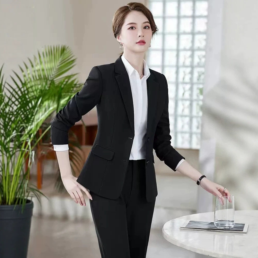 爆款新款职业套装女黑色西装韩版修身藏蓝色上班西服时尚销售套装
