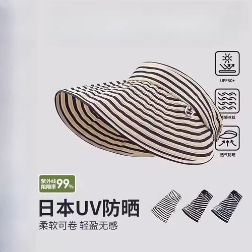 明星同款条纹空顶防晒帽女夏季日韩国东大门优雅便携大檐遮阳帽