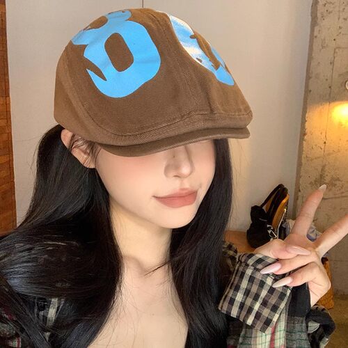 美式复古字母涂鸦前进帽女春夏款百搭显脸小贝雷帽大头围画家帽子