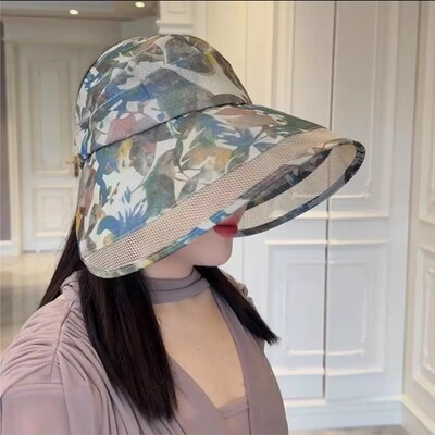 韩单款环绕式欧根纱遮阳帽女透气防紫外线大沿防晒帽树叶太阳帽子