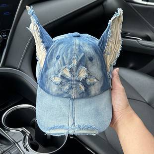 新款 显脸小十字架鸭舌帽 复古杜宾耳朵牛仔棒球帽子男女春秋季 美式